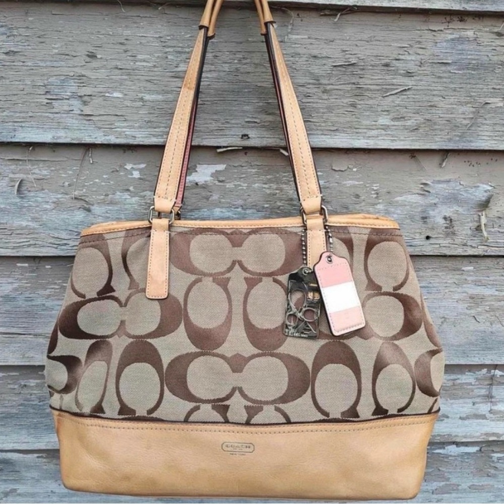 Coach Brown and Tan Signature Shoulder Bag